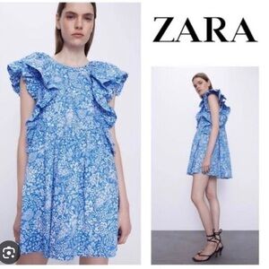 Poplin floral flutter sleeve dress Zara XS